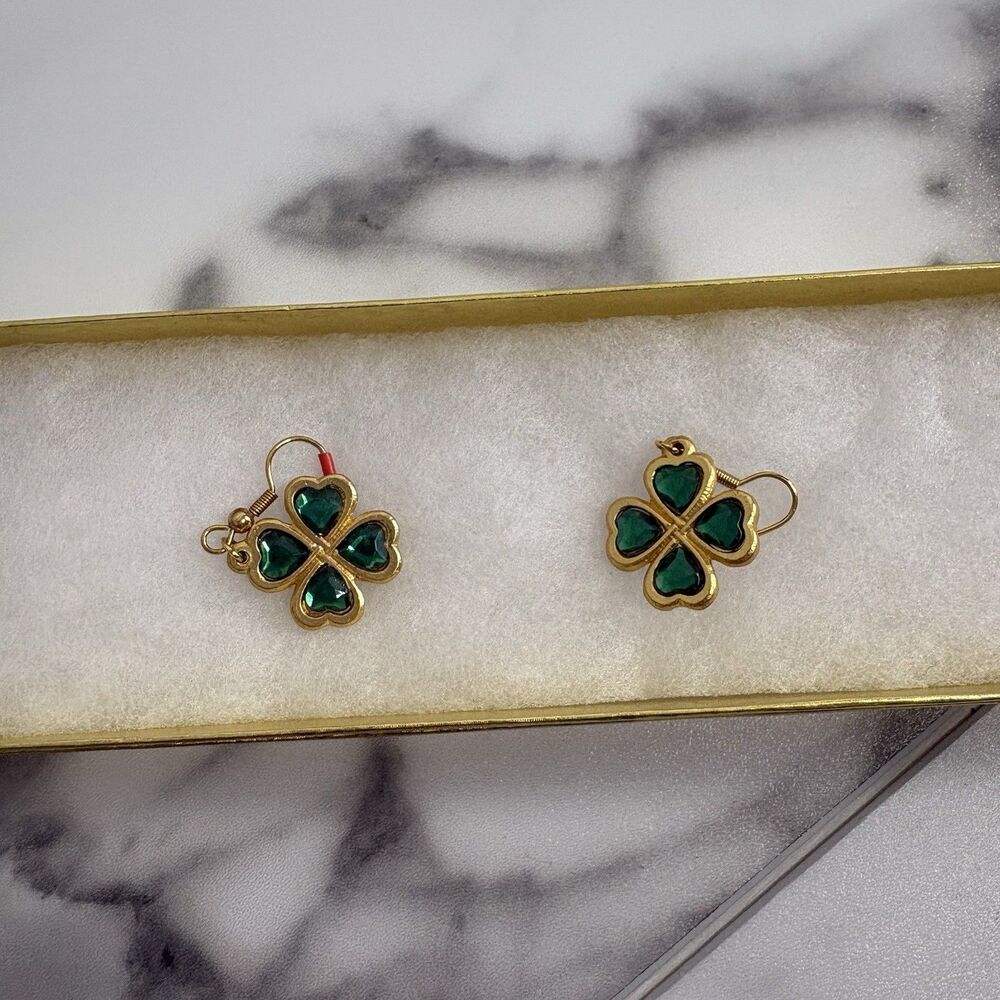 Shamrock Green and Gold Toned Dangle Pierced Earrings - Picture 3 of 3